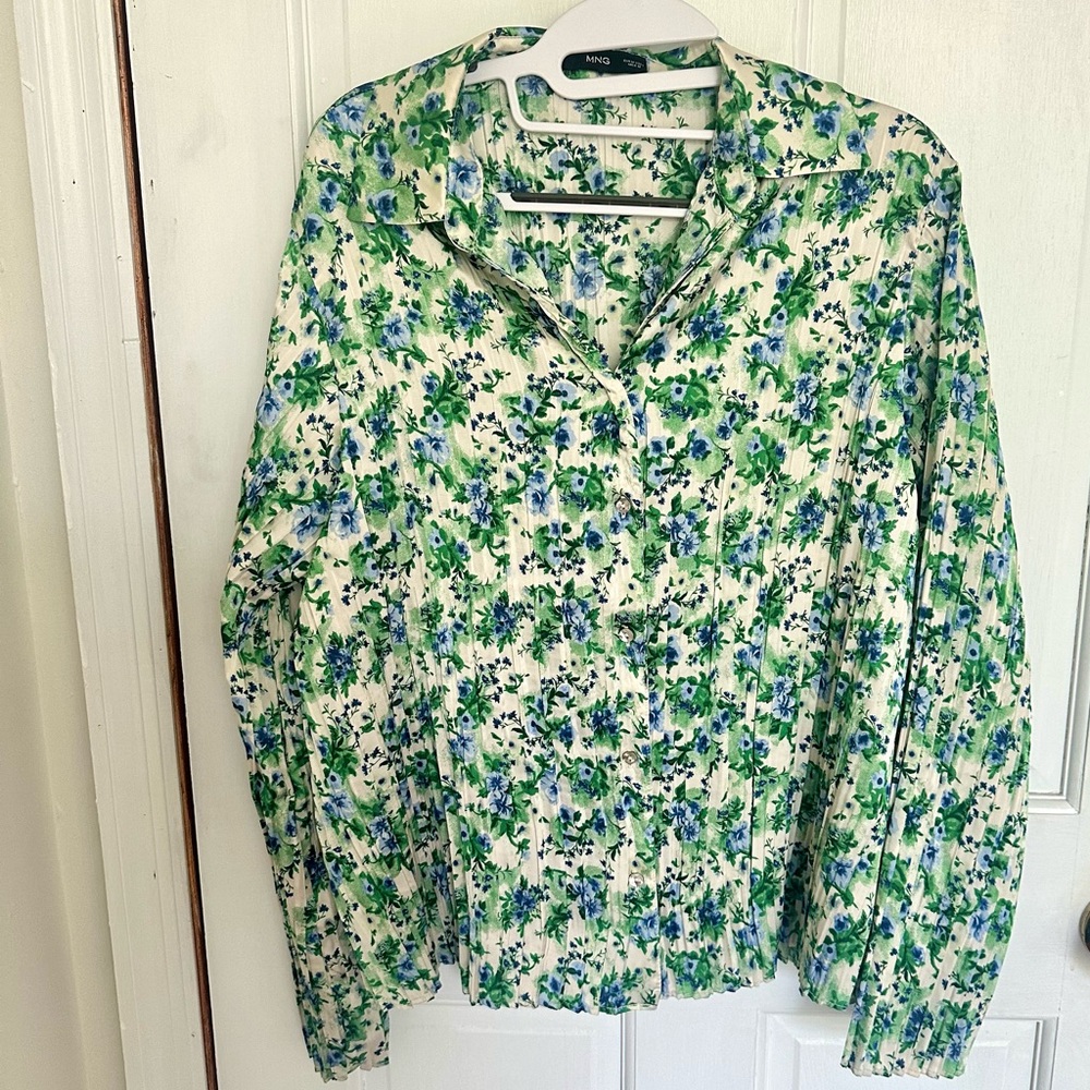 Mango Floral Green and Blue Silk Button Down Shirt